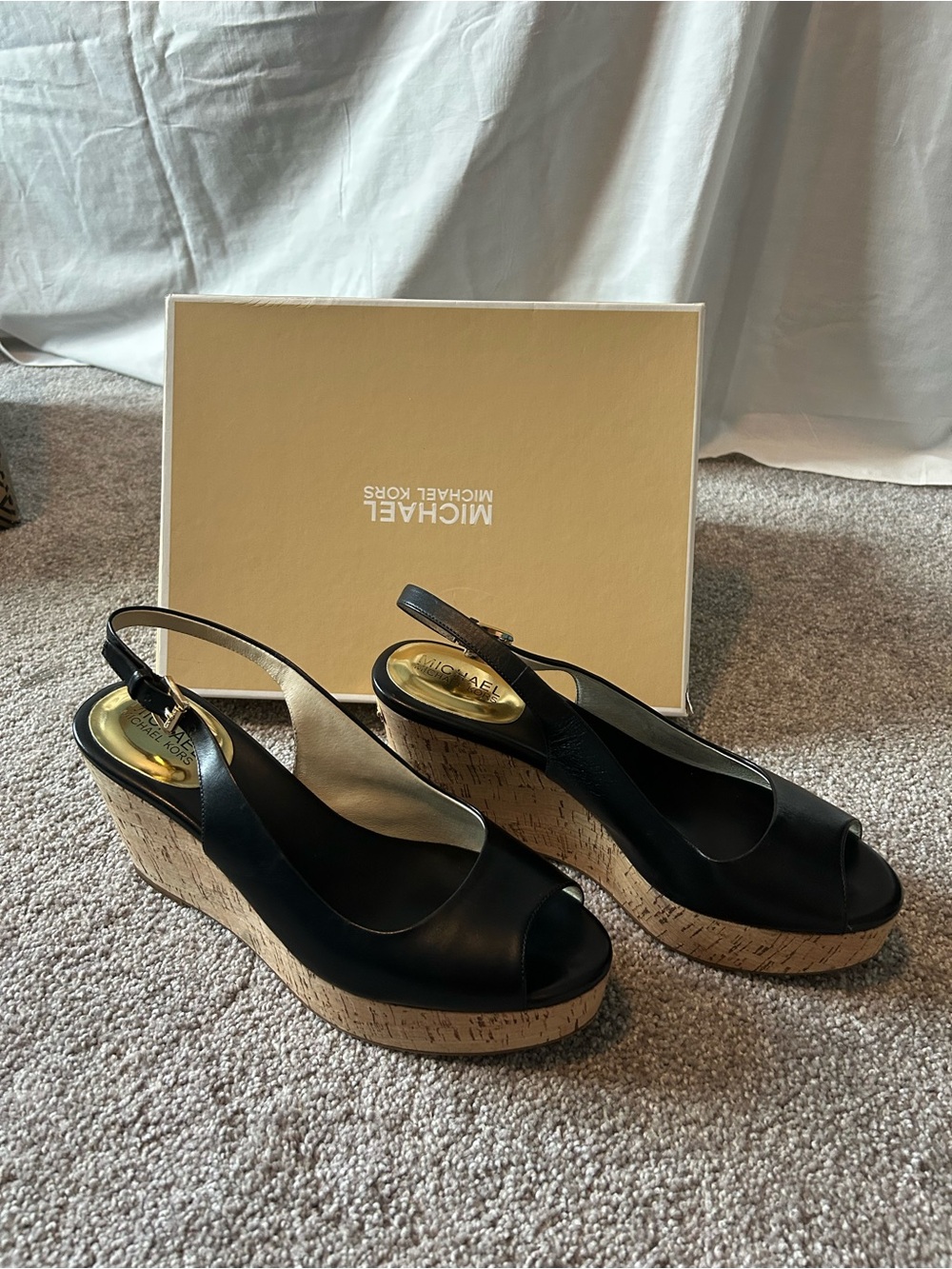 Michael Kors Black Leather Peep-Toe Cork Wedge Slingbacks
